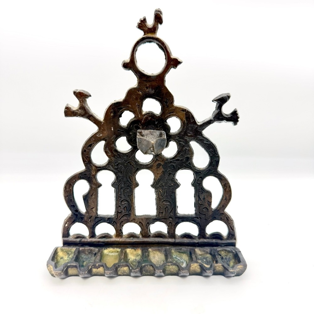 Antique Cast Brass Moorish Arch Menorah Oil Hanukkiah Judaica Bird Verdigris